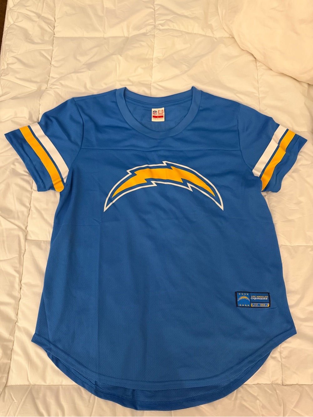 NFL womens Blue Chargers Graphic Tee with Yellow Logo